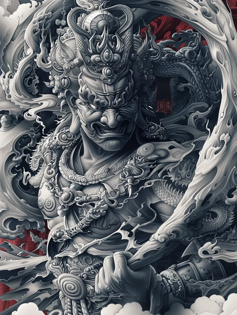 A detailed, black and white illustration of a powerful, fierce-looking warrior deity. The warrior is adorned with intricate, ornate armor and jewelry, and their face is framed by a crown with elaborate details. The warrior is surrounded by a swirling, flowing background of clouds and smoke, which adds to their ethereal and powerful presence. The image is crafted in a style reminiscent of traditional Japanese art, with strong lines and bold contrasts.  The warrior's imposing gaze and fierce expression suggest their strength and unwavering determination.