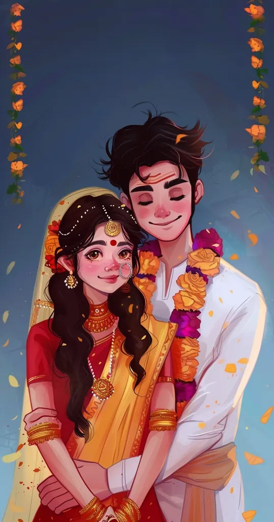 The image shows a couple, a man and a woman, dressed in traditional Indian wedding attire. The woman is wearing a red and yellow saree, with intricate jewelry, while the man is in a white shirt and a yellow dhoti. They are embracing, and the woman is looking at the viewer with a happy expression. The background is a soft blue with falling flowers, creating a romantic and festive atmosphere.
