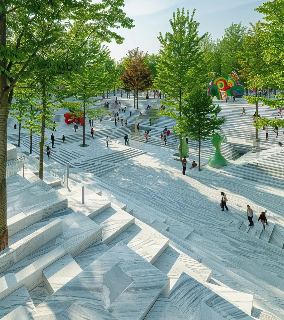 A wide, open space with white marble stairs and platforms leading up to a forested area.  People are walking along the paths, some sitting on the stairs, enjoying the public space. Lush greenery and trees frame the scene. There is a large, colorful sculpture in the background. The overall design is modern and minimalist, creating a serene and inviting atmosphere.