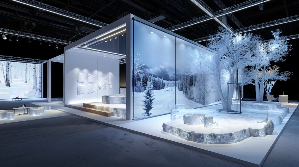 A modern, minimalist exhibition space with a wintery theme. The walls are white and the floor is covered in a white, snowy material. The back wall is a large window displaying a snowy forest scene. There are white, icy sculptures and trees throughout the space, giving it a cold and ethereal feel. The lighting is bright and clean, emphasizing the minimalist design.