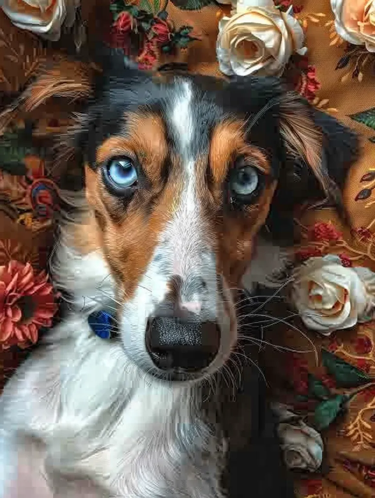 A close-up portrait of a dog with brown and white fur and piercing blue eyes. The dog's head is tilted, and its tongue is slightly sticking out. The dog is surrounded by flowers, giving the image a soft and romantic feel.  The image is taken at a close distance, capturing the dog's intricate features and expressive gaze.
