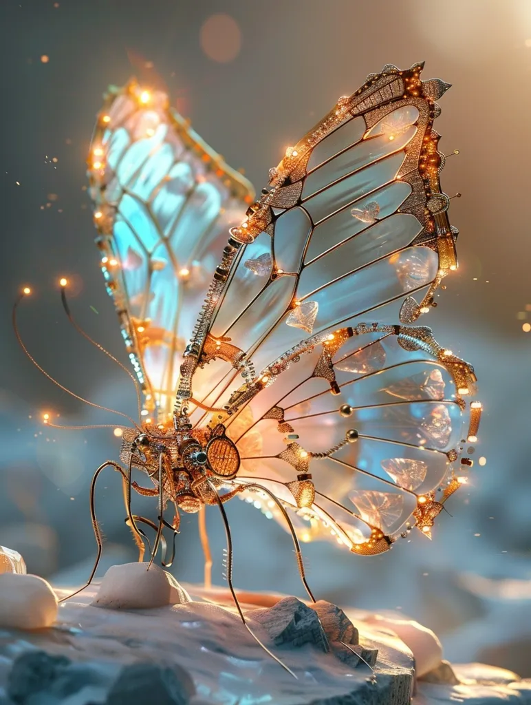 A delicate, intricate butterfly with translucent wings adorned with gold accents and sparkling lights sits on a smooth, white rock. The butterfly's wings are intricately patterned with a delicate, almost web-like design. Its body is made of intricate gears and mechanisms. The image evokes a sense of delicate beauty and technological wonder.
