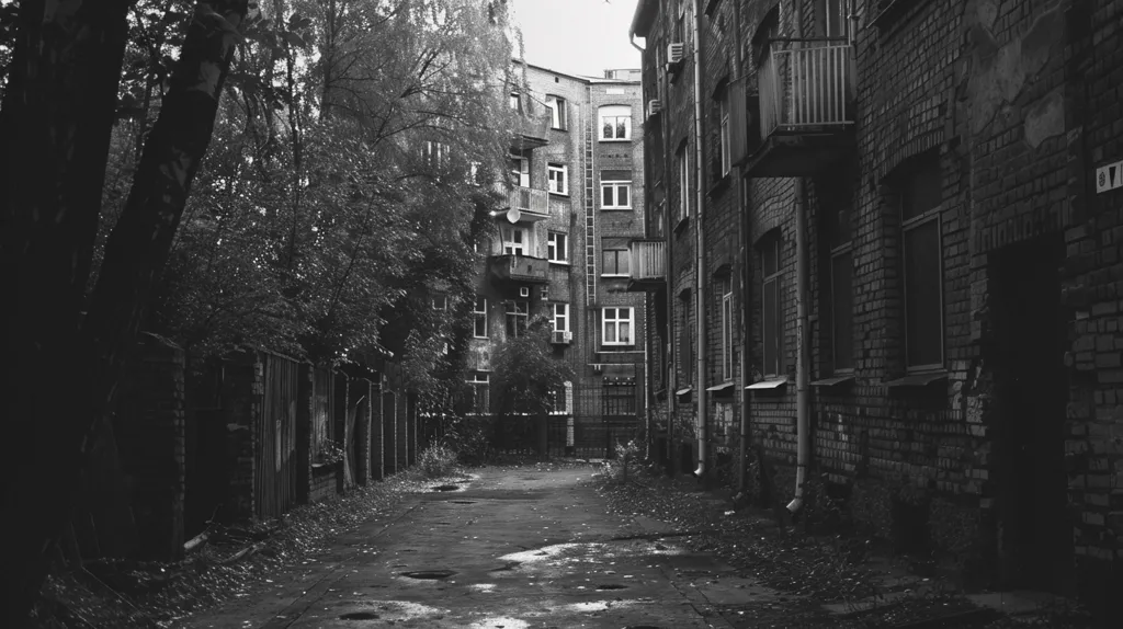 A black and white photograph of a narrow alleyway between two brick buildings. The buildings are old and have many windows. The alleyway is dark and shadowy, and there is a fence on one side. The ground is covered in leaves and there are puddles of water. The image is taken from a low angle, giving the viewer a sense of claustrophobia. The image evokes a sense of mystery and intrigue.