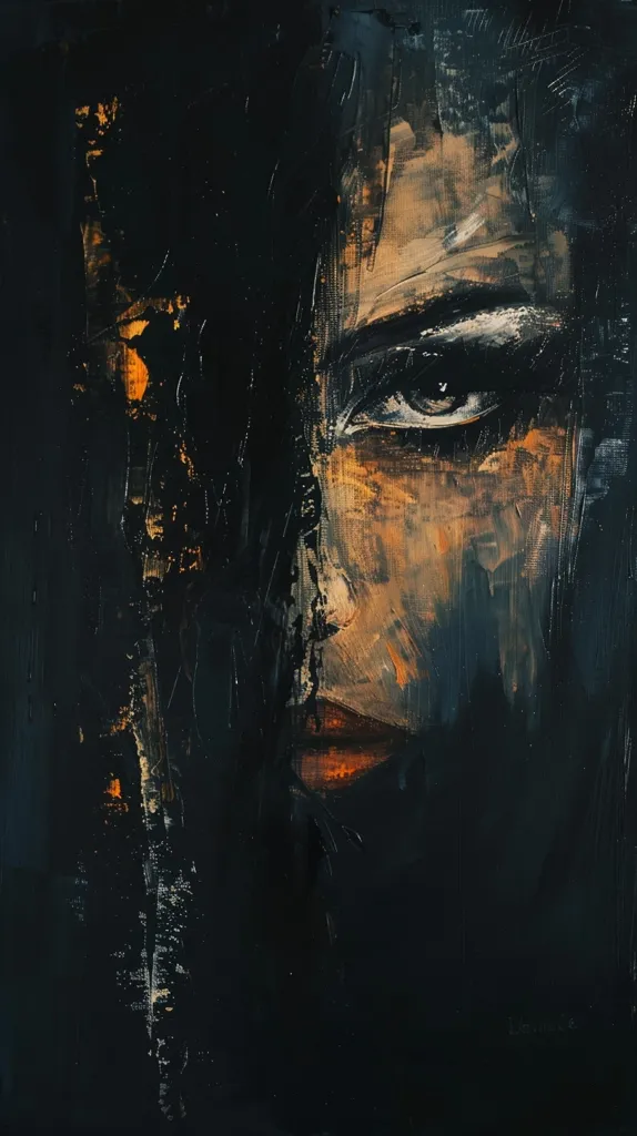 The painting is a portrait of a woman's face. It is painted in a dark, abstract style, with thick brushstrokes and a limited color palette. The woman's face is partially obscured by her hair, which is painted in a dark, swirling mass. Her eye is the most prominent feature of her face, and it is painted in a bright, white color. The background is dark and mysterious. The painting evokes a sense of mystery, intrigue, and emotion.