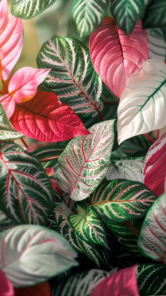 A close-up shot of vibrant green leaves with pink and white veins, creating a visually captivating pattern. The leaves are arranged in a layered, overlapping fashion, adding depth and texture to the image. The play of light and shadow on the leaves creates a sense of vibrancy and life. The rich colors and intricate details make for a captivating botanical composition.