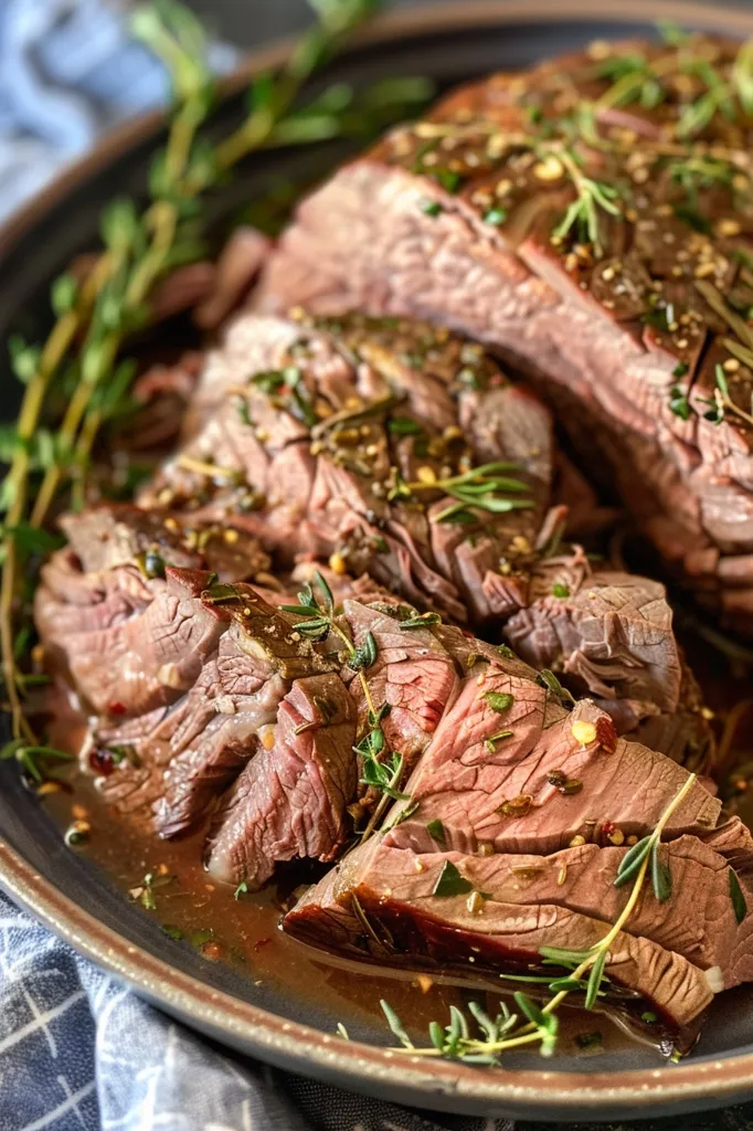 A close-up shot of a plate of roasted meat, sliced and drizzled with juices. The meat is covered in herbs and spices, with sprigs of thyme scattered around. The dish is presented on a dark gray plate with a blue and white checkered cloth in the background. The image focuses on the succulent and flavorful appearance of the meat.
