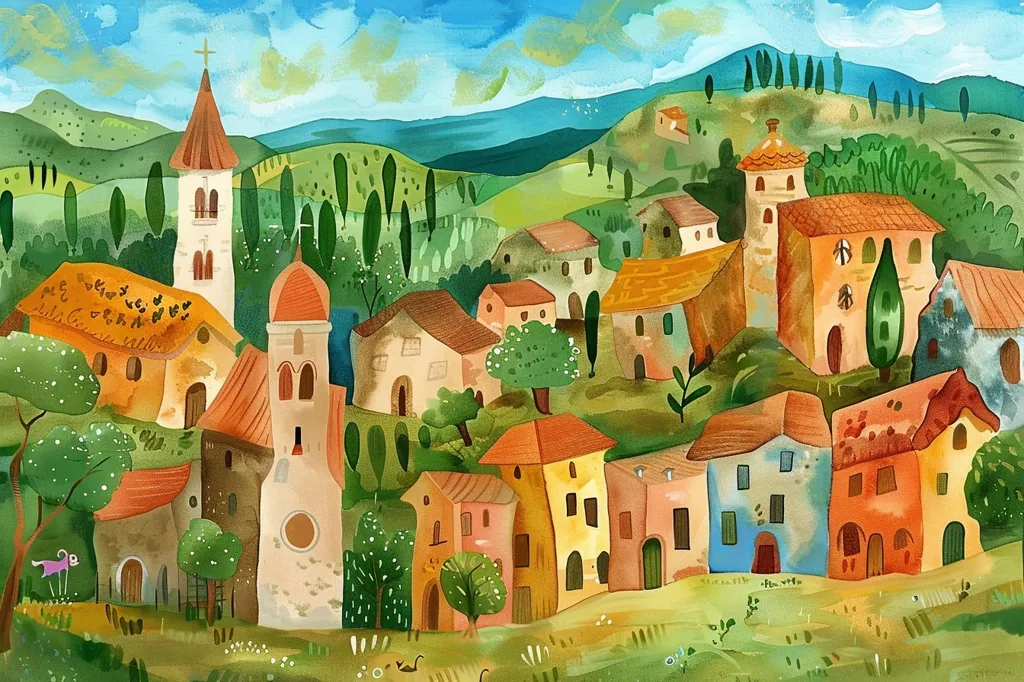 A watercolor painting of a quaint village nestled among rolling green hills.  The village is comprised of colorful, stylized houses, with a church standing tall at the center.  The painting has a whimsical feel, with the houses and trees rendered in a cartoonish style.  The bright colors and cheerful atmosphere create a sense of peace and contentment.