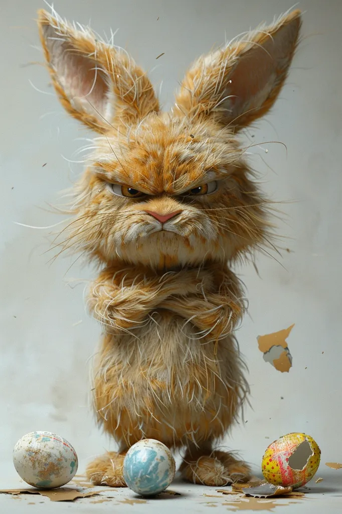 The image shows a fluffy, orange rabbit with a grumpy expression. Its fur is tousled, and it has its arms crossed, as if annoyed. The rabbit stands on a white background, with three eggs scattered around it. One egg is cracked, and the rabbit seems to be staring at it intently.  The overall tone is humorous and playful, capturing the feeling of a mischievous Easter bunny.