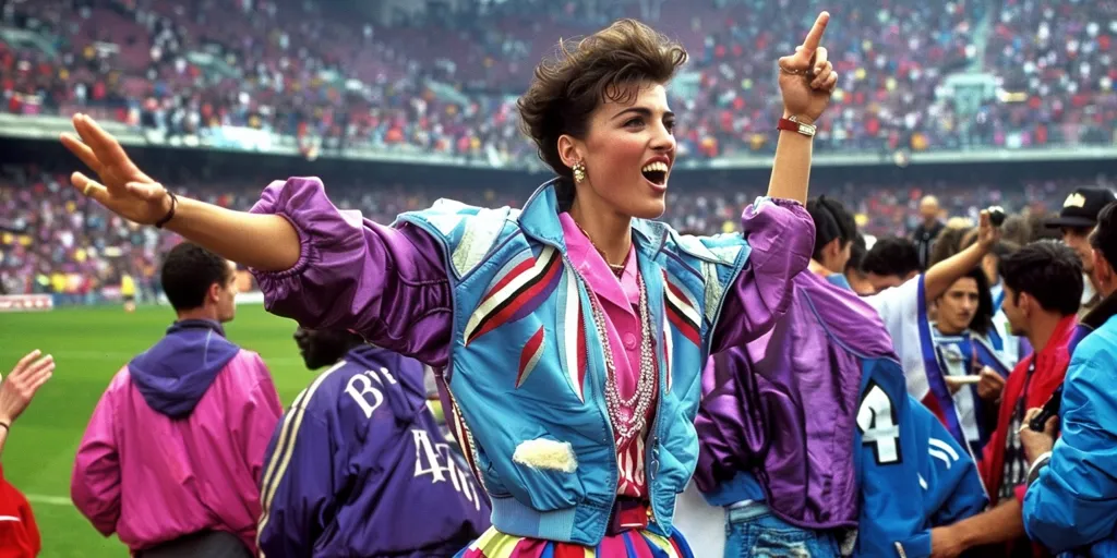 A young woman wearing a colorful jacket and a pink shirt stands in a stadium, with her right arm raised in the air and her left arm outstretched towards the camera. She is smiling and appears to be cheering with a large crowd of people behind her.  She has a large pearl necklace on.  It is likely that she is at a sporting event.