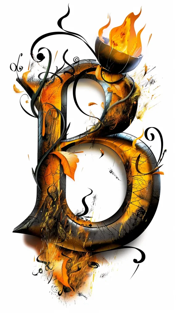 The image is a stylized representation of the letter "B" formed from a metallic black and orange material. The letter is surrounded by a decorative flourish of swirling black lines and abstract orange shapes. A small, black bowl with orange flames sits atop the letter, adding a fiery element to the design. The overall effect is one of a bold and dramatic graphic with a touch of fantasy.