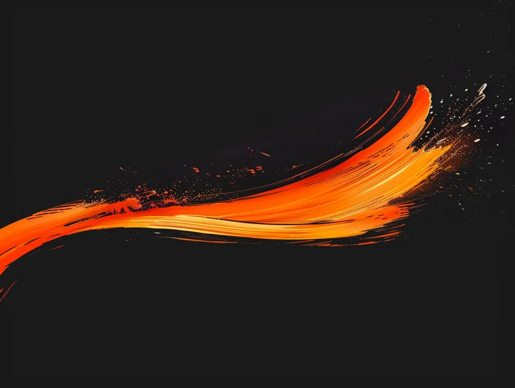 A vibrant orange brushstroke curves across a black background, with subtle flicks of paint creating a sense of movement and energy. The stroke is thick and textured, suggesting a bold and dynamic application of color. Tiny specks of color add a touch of randomness and depth.  The contrast between the dark background and the bright orange creates a striking visual effect.