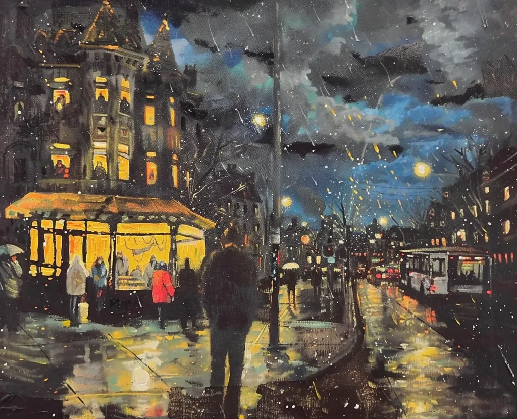 The painting depicts a city street at night, illuminated by streetlights and shop windows. It is snowing, and the wet pavement reflects the light. A bus is driving down the street, with people walking along the sidewalk. The tall building on the left appears to be a cafe or restaurant, with people inside. The sky is dark blue, with a few clouds. The painting creates a cozy and intimate atmosphere.