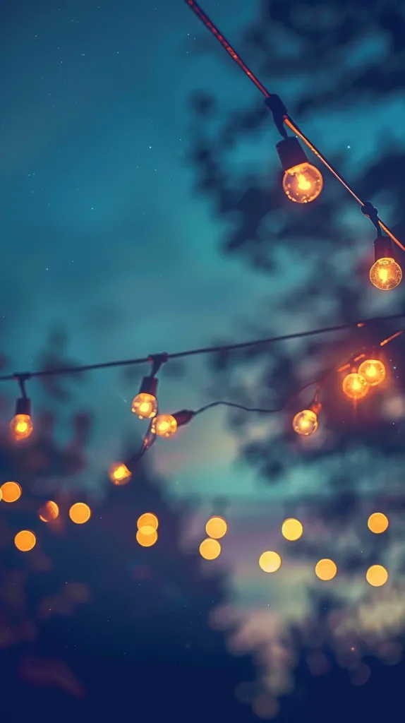 A string of lights hangs against a twilight sky, the warm glow of the bulbs contrasting with the cool blue of the background. The lights create a hazy, dreamy effect, with soft, blurry circles of light scattered across the image. A few stars peek through the darkness, adding a touch of magic to the scene.  The image evokes a sense of peace and tranquility, inviting the viewer to lose themselves in the beauty of the night.