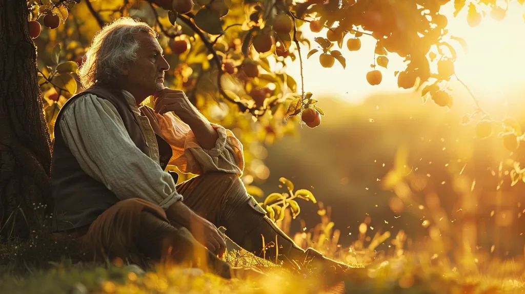 A man with gray hair sits beneath an apple tree in the golden light of sunset. He is dressed in a simple, rustic outfit and has his hand on his chin as if deep in thought. The air is filled with dust motes and the warmth of the sun.  The scene evokes a sense of peace and reflection.