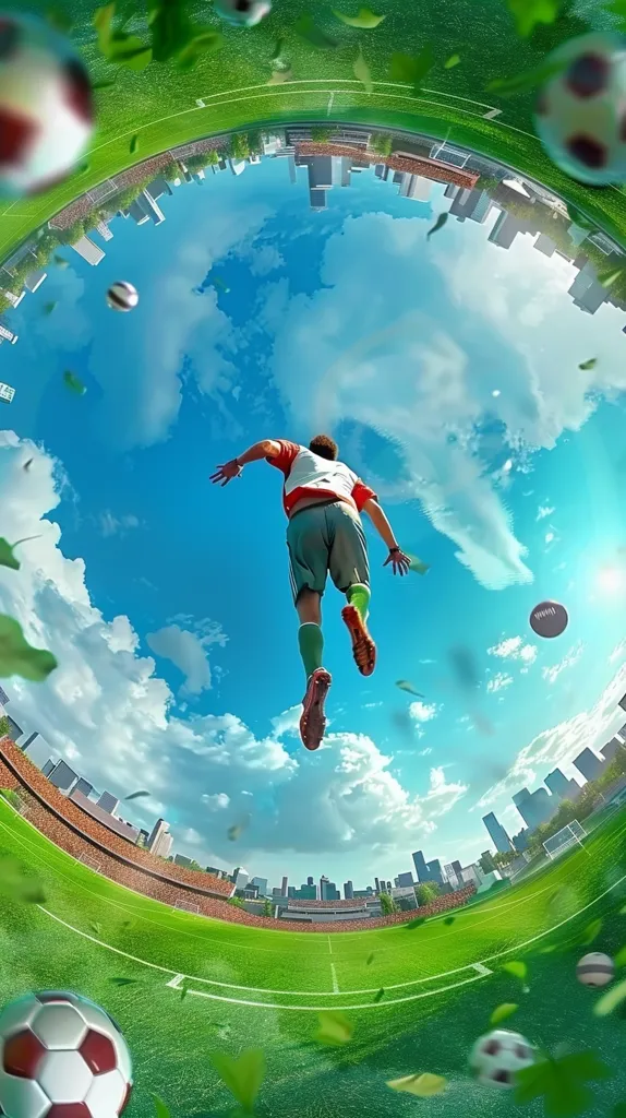 A soccer player leaps in mid-air against a blue sky backdrop with fluffy white clouds. The player is wearing a red and white jersey with green shorts. They are surrounded by a circular stadium, seen from a fisheye perspective. There are multiple soccer balls scattered around, and the ground is green grass. A city skyline is visible in the background.