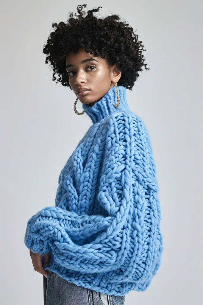 A woman with short, curly black hair wears a chunky blue knitted sweater with a high neckline. The sweater is a cable knit with large, loose stitches. She is wearing jeans, and has a gold hoop earring in one ear.  She is looking to the side of the camera.  The background is a plain, light gray.