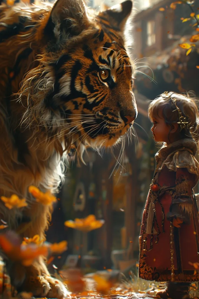 A large tiger with striking orange and black stripes gazes intently at a young girl dressed in a burgundy and gold gown. The girl stands with her head tilted, looking up at the tiger with a mixture of wonder and apprehension. Golden leaves fall around them, creating a magical atmosphere. The tiger's intense gaze suggests a story of courage, friendship, or perhaps even a touch of danger.