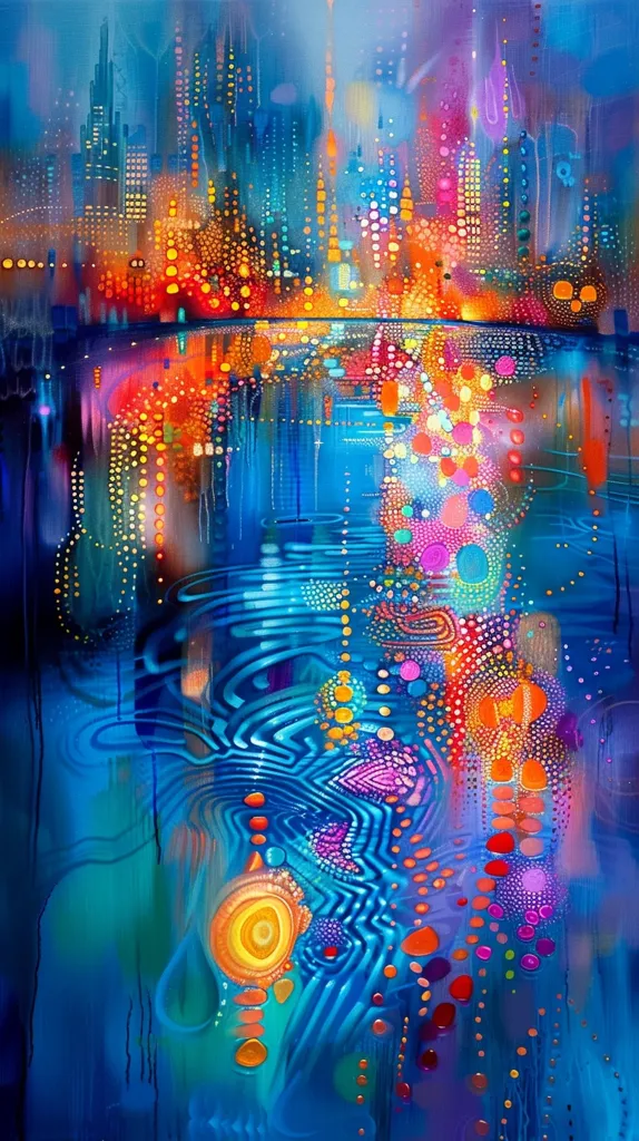 The image is an abstract painting with a city skyline reflected in a body of water. The city is depicted with vibrant colors and dots, creating a sense of energy and movement. The water is a deep blue, with swirling patterns and streaks of color. The overall effect is one of beauty and wonder. The painting is full of life and energy, with a sense of movement and excitement.
