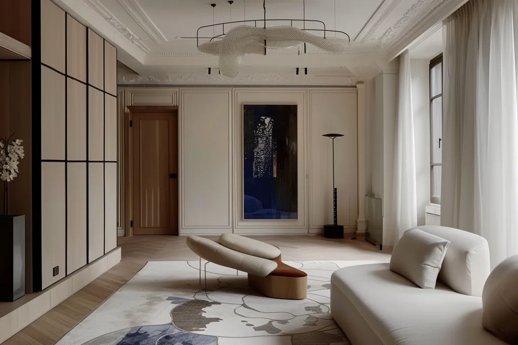 The image shows a modern living room with a minimalist design. The room features a white sofa, a unique wooden ottoman, and a large abstract painting. The room is decorated with a large, intricately designed chandelier. The walls are a soft white, and the floor is hardwood. Large windows with sheer curtains offer natural light and a view outside.  The overall atmosphere is calm and sophisticated.