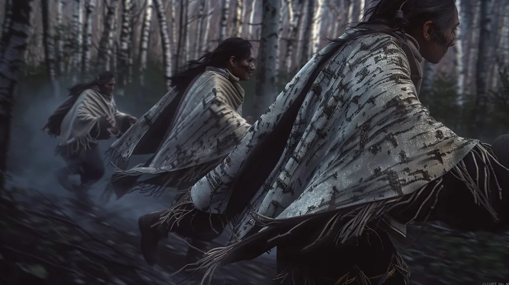 Three figures, cloaked in white and black patterned fabric, run through a dark, dense forest. The figures are silhouetted against the dim light filtering through the trees. The forest floor is covered in leaves and branches, and the air is thick with fog. The scene evokes a sense of mystery and intrigue.