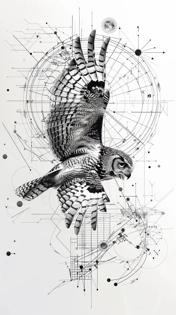 The image is a black and white drawing of an owl flying through a complex geometric pattern. The owl's feathers are intricately detailed, and its eyes are piercing. The geometric pattern is made up of lines, circles, and dots. It creates a sense of depth and movement, and contrasts sharply with the static nature of the owl. The image is a study in contrasts, both in terms of subject matter and style. The owl is a symbol of wisdom and power, while the geometric pattern is a symbol of order and structure. The juxtaposition of these two elements creates a sense of mystery and intrigue.