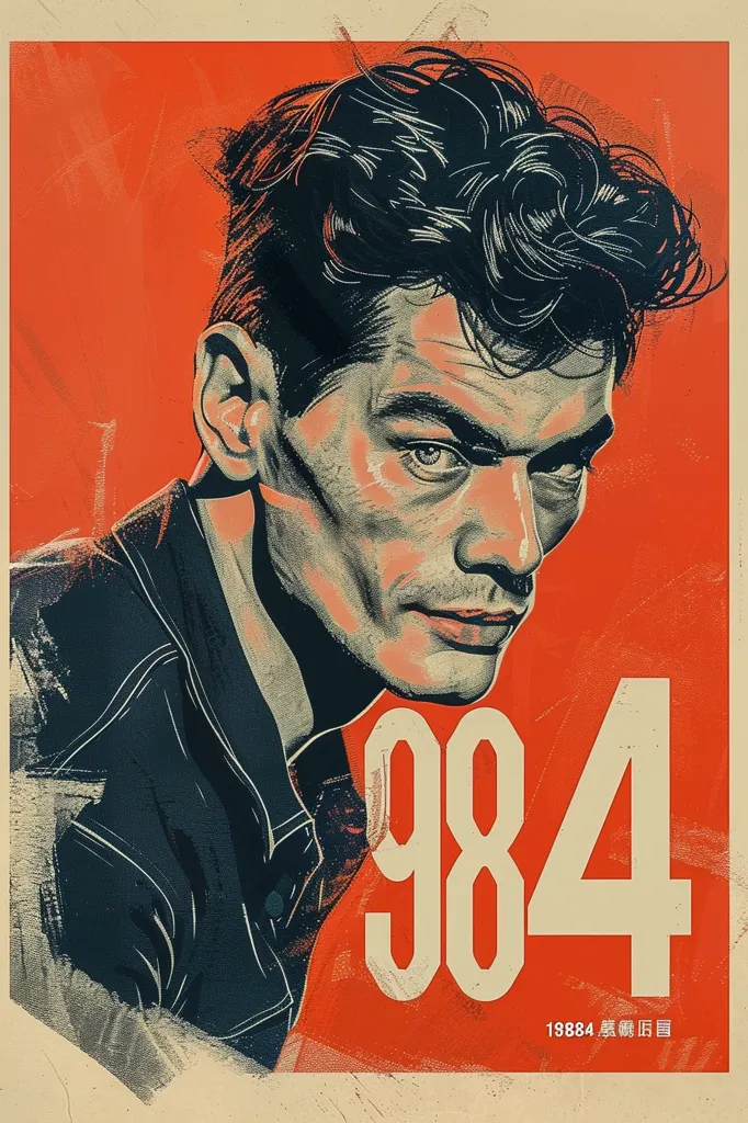 The image is a stylized poster featuring a man with dark hair and a serious expression. He is wearing a dark leather jacket. The background is a bright orange color with the number "984" superimposed on it. The image has a vintage feel with a faded and textured effect. The poster also includes the text "19884 4.14" which adds to its retro aesthetic.