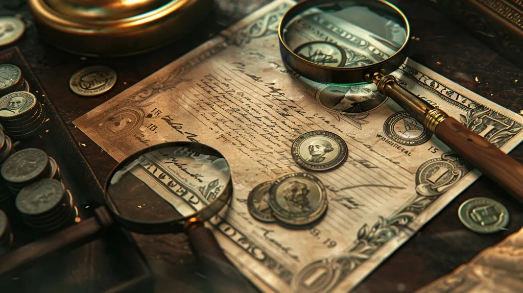 The image shows an old, worn-out US dollar bill with a magnifying glass over it. There is a pile of old coins on the left side of the image and a wooden handle of a magnifying glass on the right. The image evokes a sense of history and nostalgia, and the worn-out coins and dollar bill suggest that they have been around for a long time. The magnifying glass is a symbol of investigation and discovery, and it suggests that there is more to be learned from this old relic.