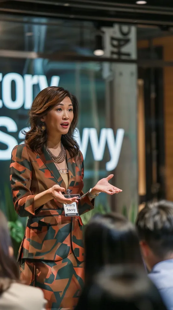 A woman in a brown and green patterned suit is giving a presentation. She is standing in front of a blurred background with the word "Story Savvy" visible. She is gesturing with her right hand and holding a name tag in her left. There are other people in the background, out of focus.  The image captures a moment of a lively and engaging presentation.