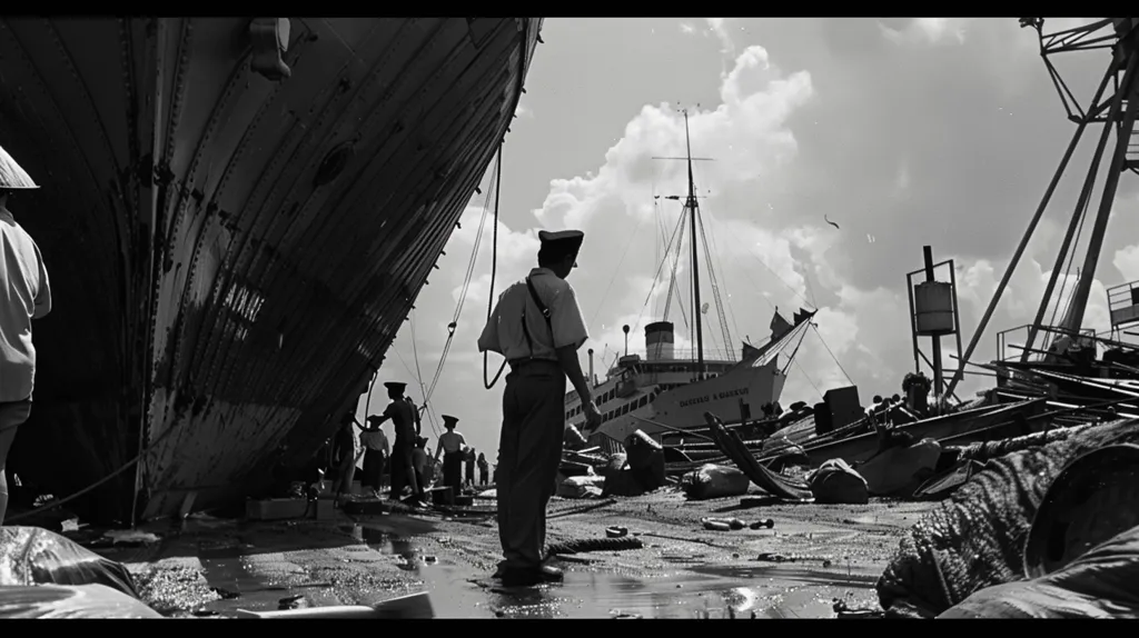 A black and white photo of a harbor scene. A large ship is docked, with several smaller boats nearby. A man in a uniform stands in the foreground, looking towards the ship. There is debris scattered on the ground, likely from a recent storm. The photo is taken from a low angle, with the ship taking up most of the frame. The sky is cloudy, and the overall atmosphere is somber.