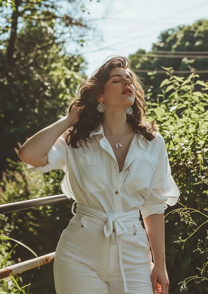 A woman with long, dark hair wears a white button-down shirt tied at the waist and white pants. She has on silver hoop earrings and a silver necklace with pearl accents. She is standing in a lush green garden, eyes closed, with a serene expression on her face. The sun shines brightly, illuminating her features and creating a sense of tranquility.