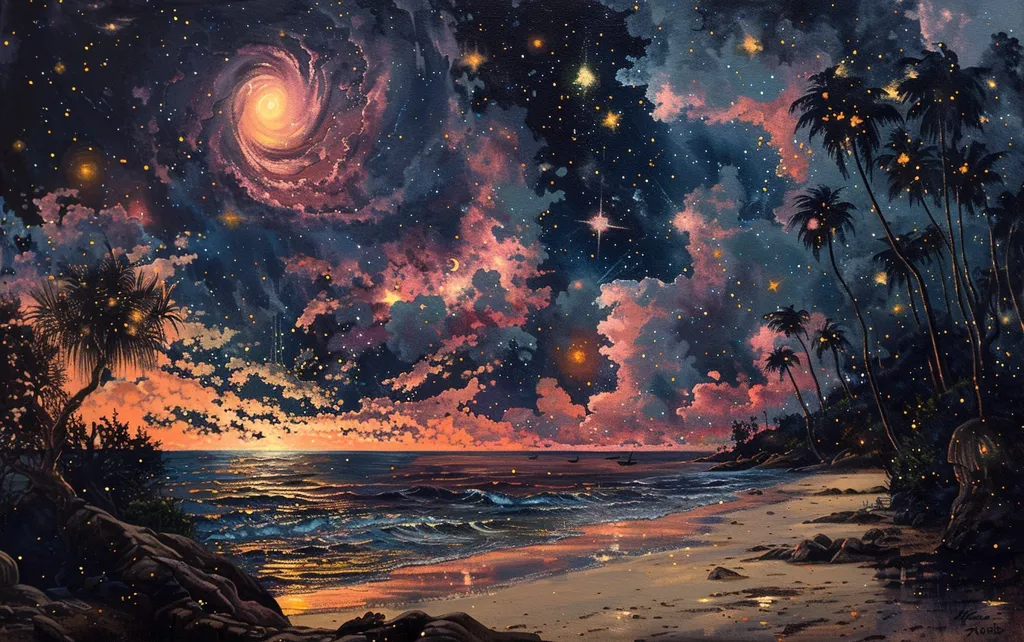 The painting depicts a stunning night sky with a swirling galaxy in the distance. The clouds are pink and purple, and the stars are twinkling. In the foreground, there is a peaceful beach with palm trees, a calm ocean, and a few small boats in the distance. The scene is serene and magical.  The painting is full of color and light, and it creates a sense of wonder and awe.