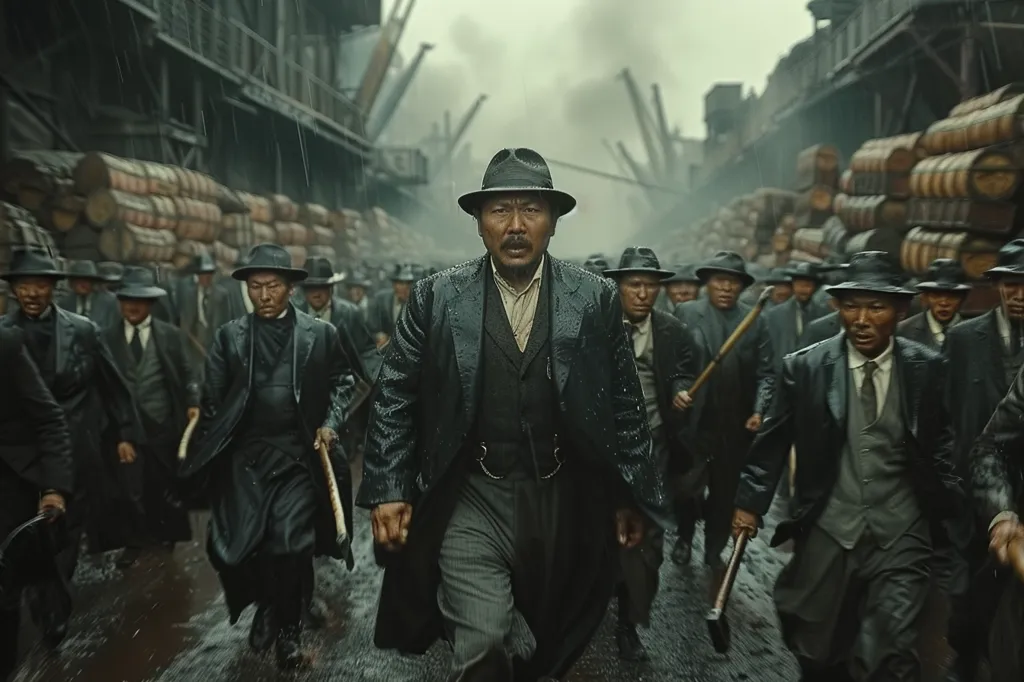 A group of men in dark suits and hats march down a rain-soaked street, their faces set and determined. A man in the foreground, wearing a fedora and a sharp suit, leads the procession. The scene is gritty and atmospheric, with stacked barrels lining the street and a sense of tension in the air. The men appear to be a gang or a group of revolutionaries, their collective presence conveying a sense of power and purpose.