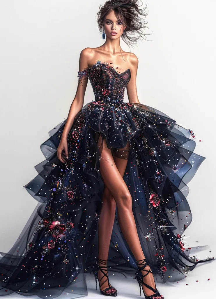 A woman in a stunning black gown with a high slit and a bejeweled bodice stands confidently with her hair flowing behind her. The gown is adorned with sparkling embellishments that resemble stars, and the layered tulle skirt gives it an ethereal feel. The woman's sleek black heels complement the overall dramatic look.  She emanates elegance and confidence,  making her an unforgettable vision of glamour.