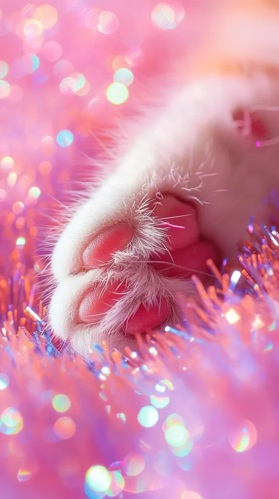 A close-up of a white cat's paw resting on a bed of sparkly pink and purple tinsel. The paw is soft and fluffy, with delicate pink pads. The background is a soft pink with iridescent lights creating a magical and whimsical feel. The image captures the tenderness and beauty of a simple moment.