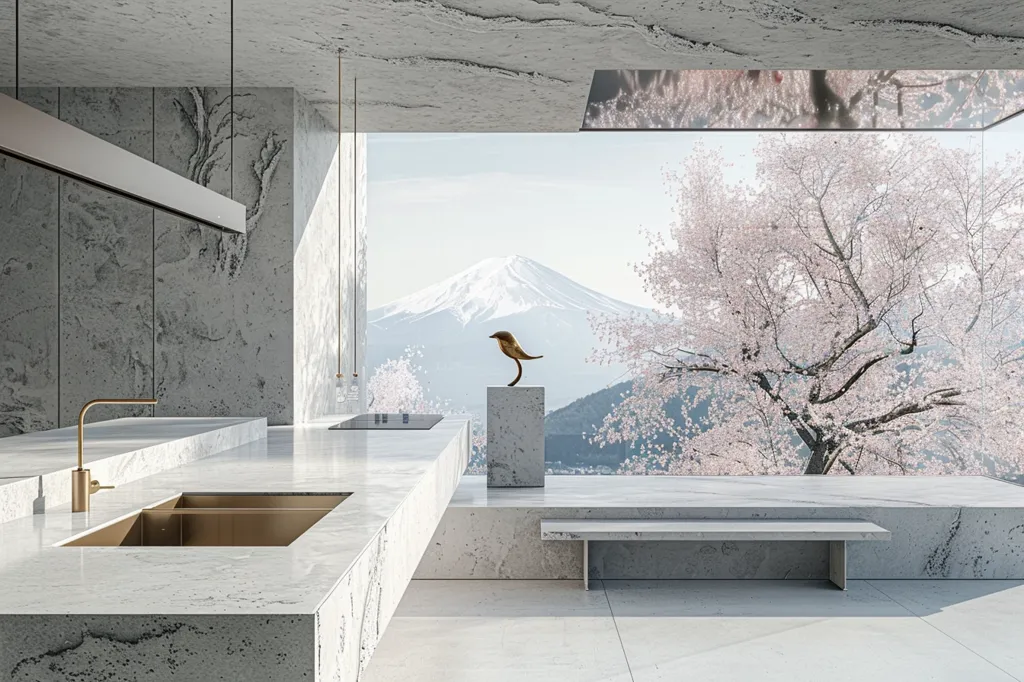 A modern kitchen with sleek marble countertops and a double sink. A golden faucet stands out against the white backdrop. The room opens to a breathtaking view of a snow-capped mountain and a cherry blossom tree in full bloom. A metal bird sculpture sits on a pedestal in the foreground, adding an artistic touch. The overall ambiance is serene and minimalist, blending nature's beauty with contemporary design.