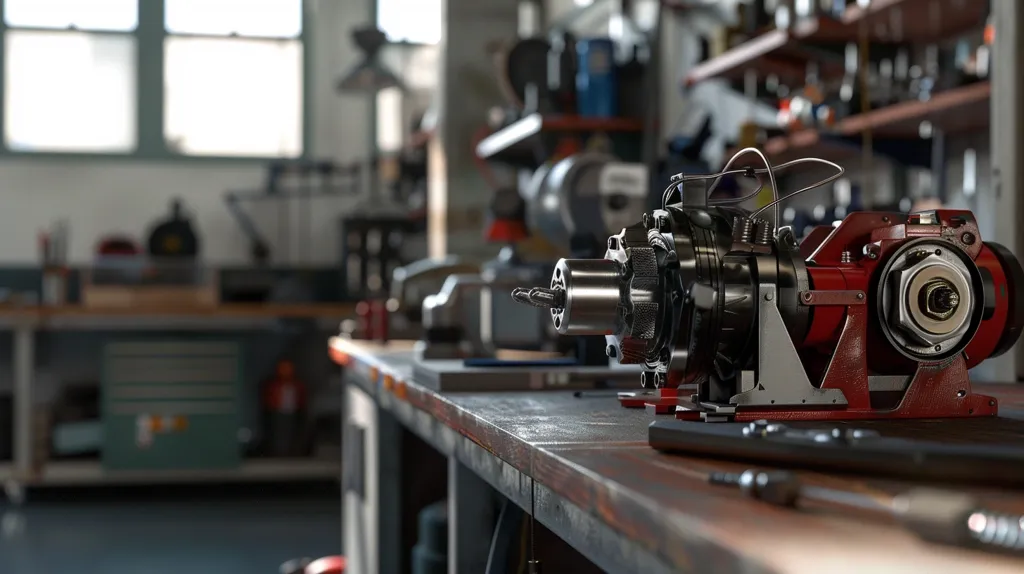 A close-up view of a complex mechanical device, likely a component of a larger machine, sits on a wooden workbench in a cluttered workshop. The device is comprised of intricate metal gears, a red housing, and various wires. The background is out of focus, highlighting the workshop's tools and equipment. The image captures the essence of a mechanical environment, showcasing the precision and complexity of machinery.