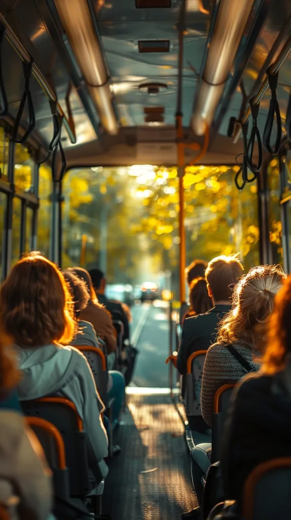 The image shows the interior of a bus, with passengers sitting on the seats. The sun is shining through the windows, casting a warm glow on the passengers. The bus is moving along a tree-lined road, and the view outside the windows is blurred. There are several passengers in the bus, most of them looking out of the window.  The bus has a light, almost yellow, colored ceiling and orange seats.  The image captures a moment of peaceful travel.