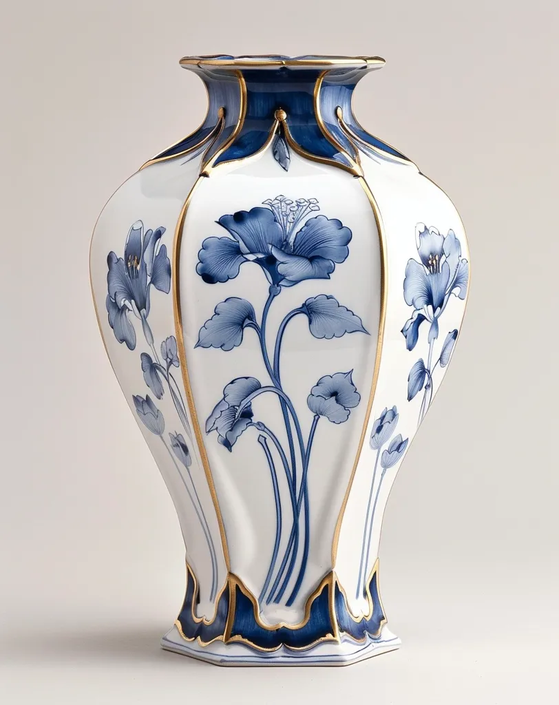 The image shows a white porcelain vase with a blue and gold floral design. The vase has a bulbous body and a flared neck, and it is decorated with stylized flowers and leaves. The vase has a octagonal base and is decorated with a blue and gold trim. The design is delicate and elegant.  The vase is a beautiful example of traditional Japanese ceramics.