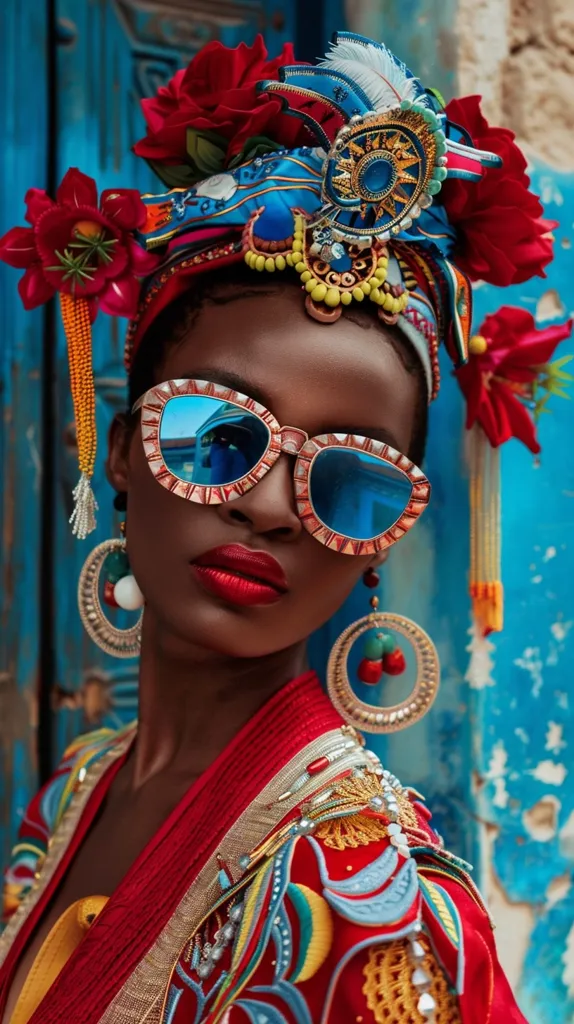 A woman with dark skin is wearing a large, ornate headpiece with red roses, feathers, blue and gold embellishments, and blue and gold sunglasses. She also wears a red, yellow and blue embroidered jacket and large gold earrings. The background is a blue and teal wall.