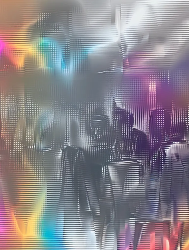 The image is a blurry, abstract representation of a city skyline. The buildings are depicted as dark, jagged shapes, while the sky is a mixture of muted colors and shimmering lights. The overall effect is one of a bustling and vibrant metropolis, seen through a hazy, dreamlike filter. The image is composed of horizontal and vertical lines, creating a sense of depth and movement.  The colors are muted and faded, suggesting a feeling of nostalgia or distance. The image is intriguing and mysterious, prompting the viewer to imagine the hidden stories within.