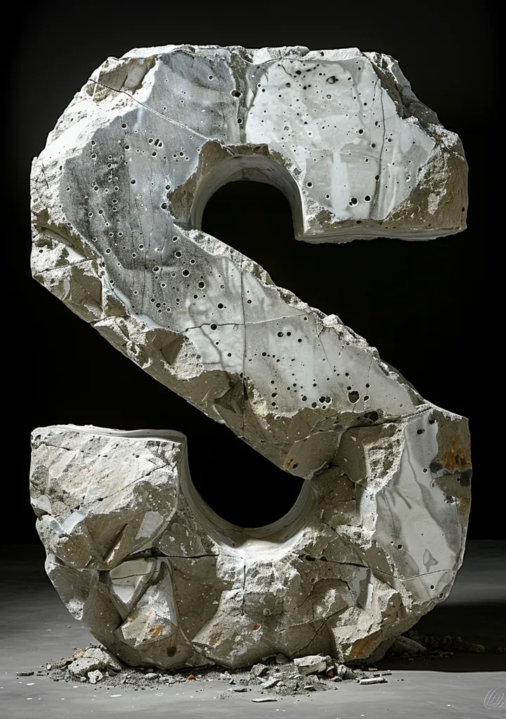 A large, gray, concrete sculpture of the letter "S" sits on a dark surface. The letter has been carved out of the rock, creating a hollow space. The rock is cracked and broken in places, giving it a weathered, natural appearance. The sculpture is illuminated by a soft, indirect light, highlighting its textured surface.