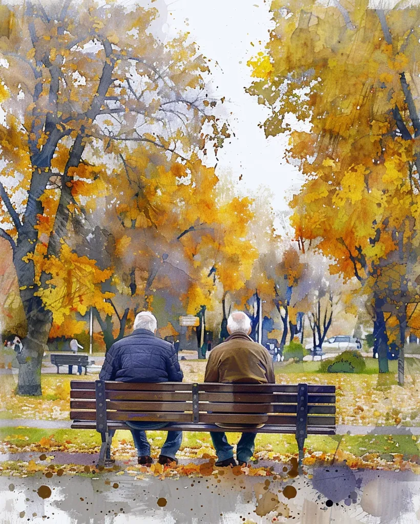 Two elderly men sit on a bench in a park, facing away from the viewer. The park is surrounded by trees with vibrant autumn foliage, painted in a watercolor style. The scene evokes a sense of tranquility and the beauty of nature. The painting captures the warmth and colors of autumn, with the bench and men at its center.