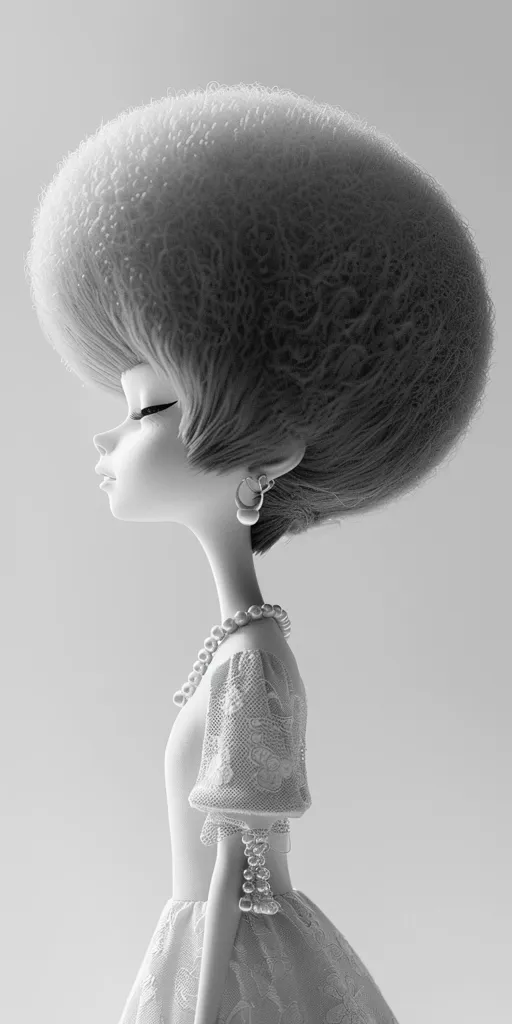 The image is of a black and white doll with a large, round, textured hairstyle. She is wearing a pearl necklace, pearl earrings, and a white dress with lace detailing. The doll is posed with her head tilted down and her eyes closed. The lighting is soft and the background is blurred, giving the image a dreamy quality.