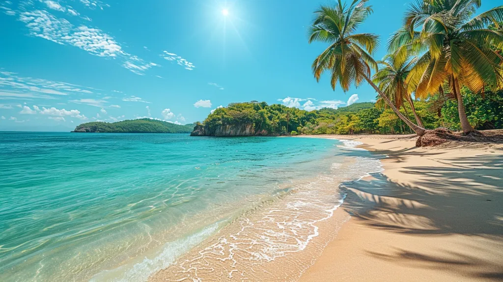 A picturesque tropical beach scene unfolds with a pristine white sandy shore bordered by crystal-clear turquoise water. Lush greenery fills the background, culminating in a rocky headland.  Palm trees, their fronds swaying gently in the breeze, cast long shadows across the sand. The sky above is a vibrant blue, dotted with fluffy white clouds and bathed in the warm glow of the sun. The image evokes a sense of tranquility and paradise.