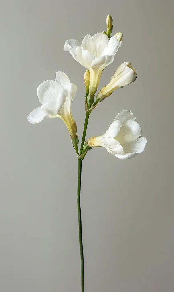 A single stem of white freesia flowers with delicate, ruffled petals. The flowers are arranged in a graceful arc, with the stem extending upward against a plain, light grey background. The stem is green, and the flowers have a subtle yellow tint at the base of the petals. The image is simple yet elegant, capturing the beauty of the freesia blossoms.
