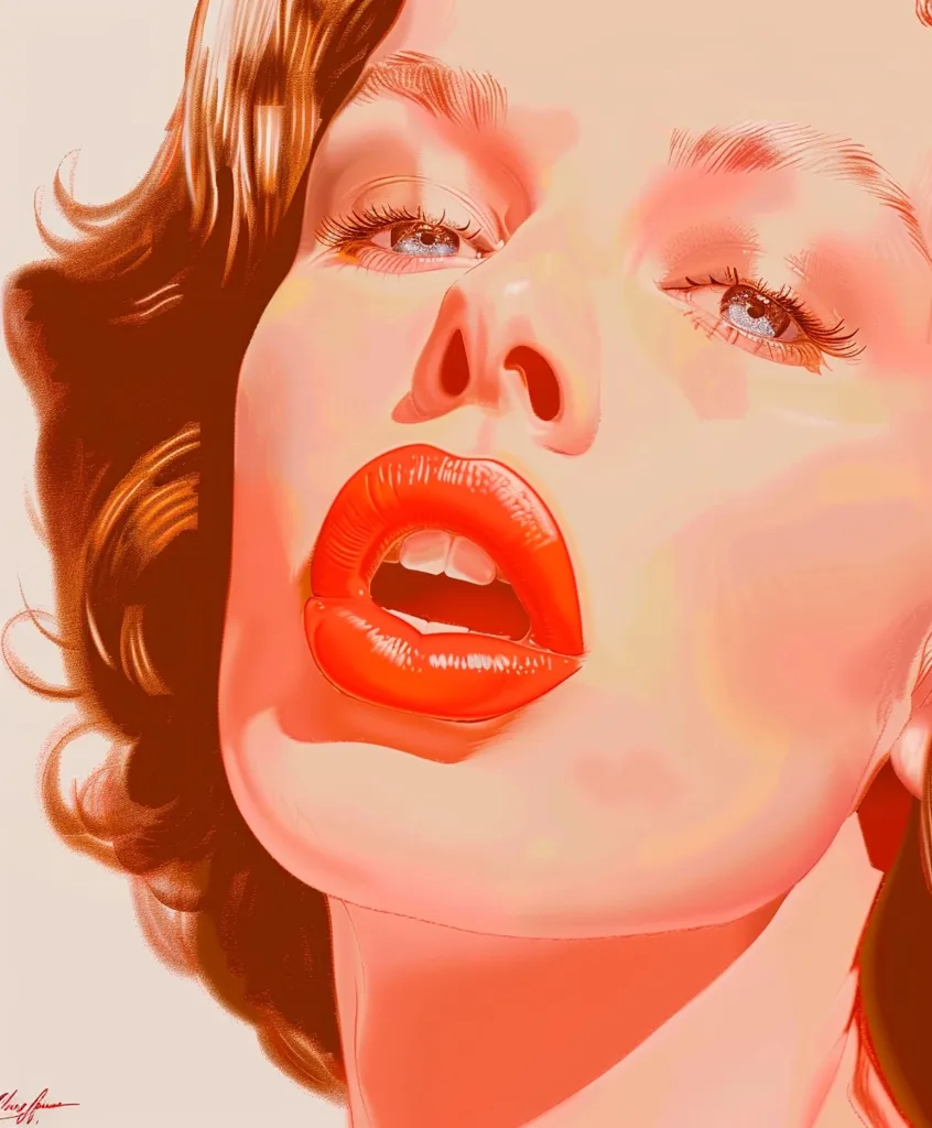 A close-up portrait of a woman with short, curly brown hair, wearing bright red lipstick. Her eyes are open, and her mouth is slightly open in a surprised expression. The image is painted in a realistic style with a focus on detail, particularly the woman's lips. The background is a simple white, making the woman the focus of the artwork.  The overall impression is one of glamour and boldness.