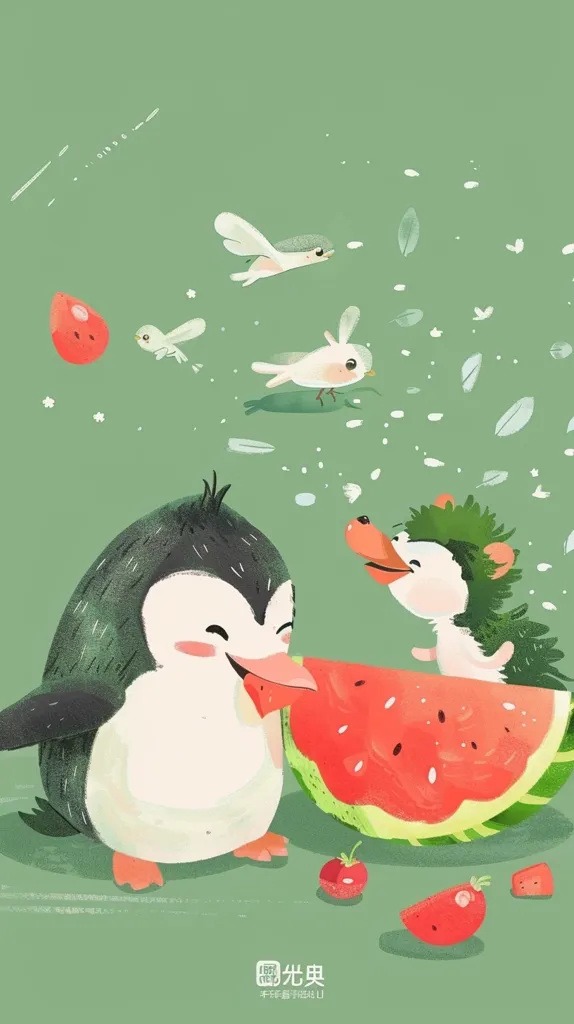A penguin and a hedgehog are sharing a slice of watermelon on a green background. There are two birds flying overhead and some scattered watermelon seeds.  The illustration is created in a cartoon style and has a light and airy feel.