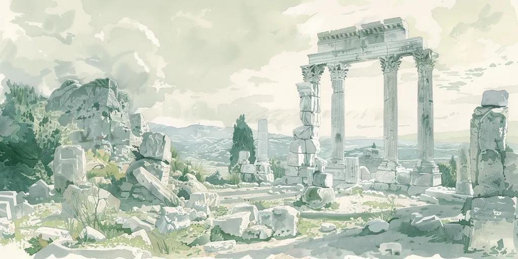 The image depicts the ruins of an ancient temple, likely in Greece or Rome. The remains of pillars and archways stand tall against a cloudy sky, hinting at the grandeur of the structure in its heyday. Scattered stones and overgrown vegetation add to the sense of age and decay, while the distant landscape suggests the vastness of time and the enduring power of nature. The watercolor style evokes a sense of serenity and melancholic beauty.