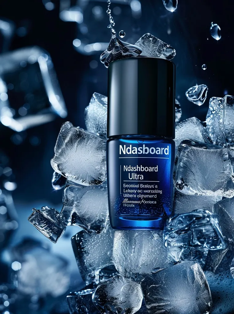 A small bottle of "Ndashboard Ultra" sits on a bed of ice cubes. The bottle is blue and black with white text and a silver lid. The ice is melting and water drips down the bottle. The background is dark blue, with more ice cubes scattered around. The image is a close-up, focusing on the bottle and the ice.