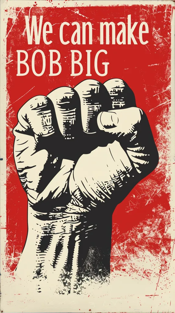 The image is a vintage-style poster with a bold red background and distressed white text. It depicts a clenched fist in black and white, symbolizing strength and unity. The text reads \